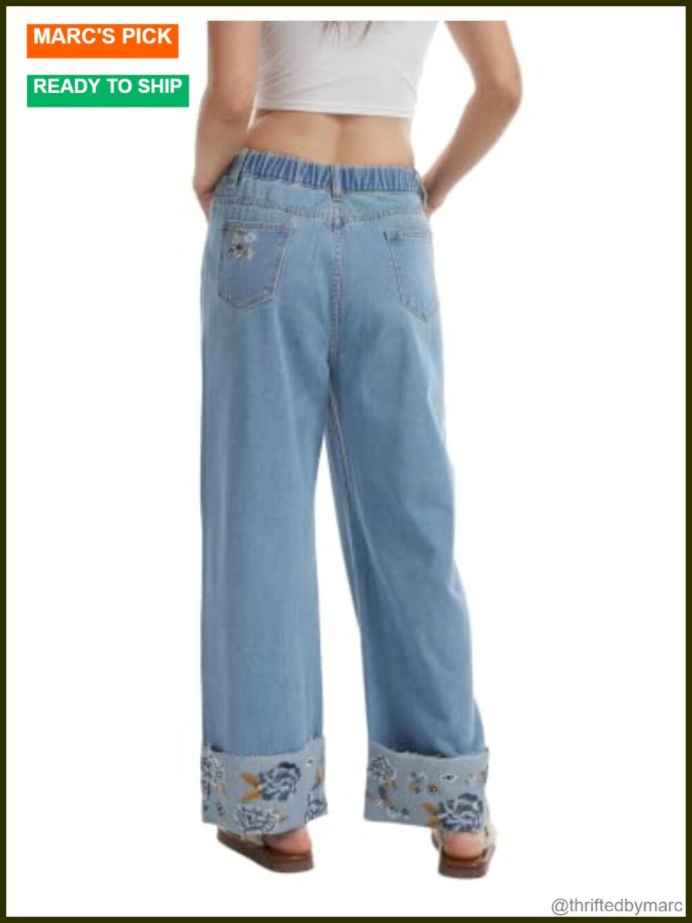 Embroidered Straight Leg Cuffed Stretch Denim Jeans - Picture 3 of 4